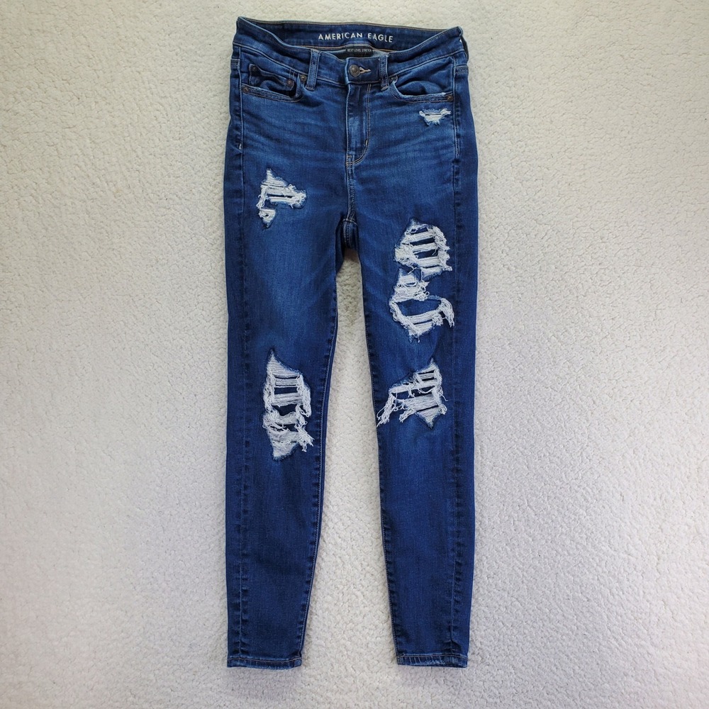 American Eagle Hi-Rise Jegging Dark Wash Distressed Jeans Womens 4‎ Short